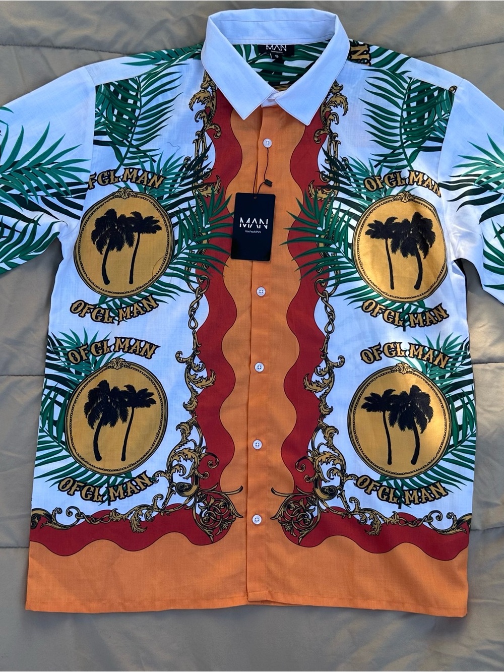 BoohooMAN White Collared Shirt with Green Leaf and Orange Accent